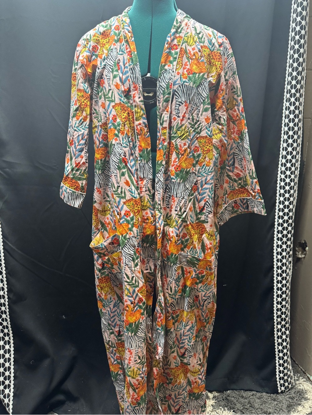 Source Unknown Floral & Safari Print Robe — Orange Green Black